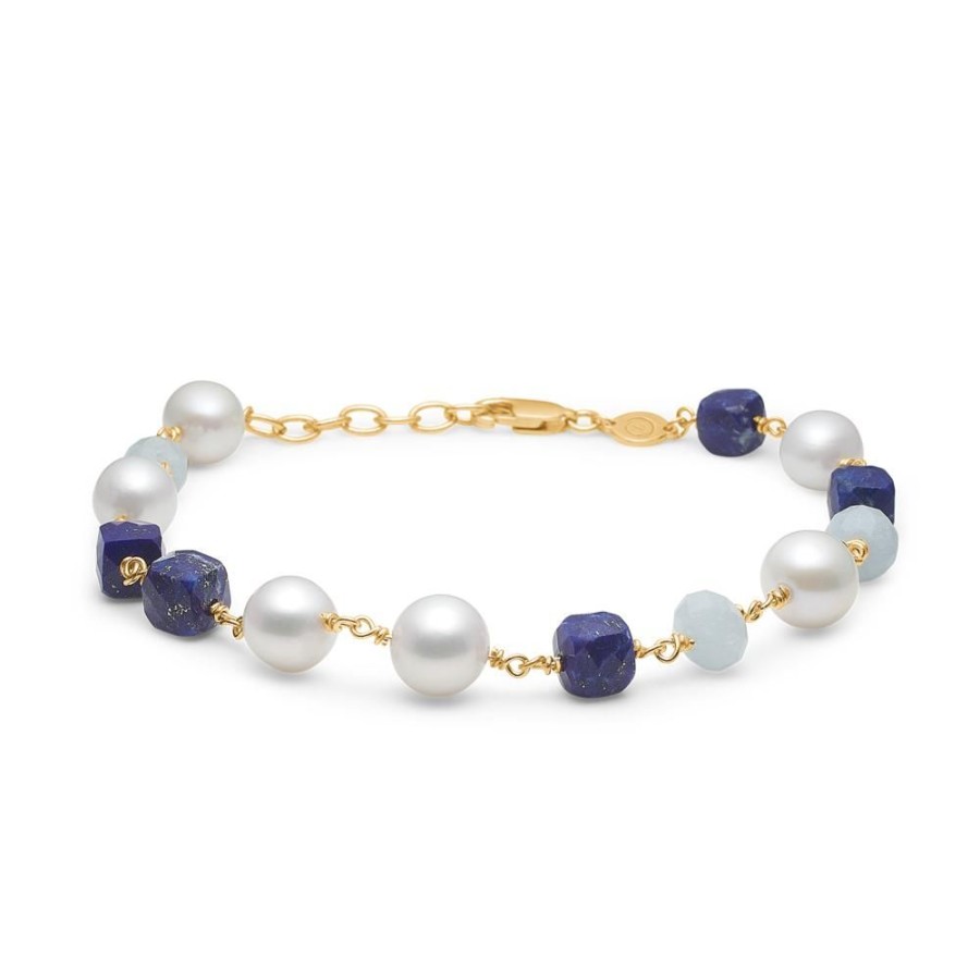 Jewellery Mads Z | Treasure Bracelet In 14 Kt. Gold With Lapis, Cultured Pearls And Aquamarine