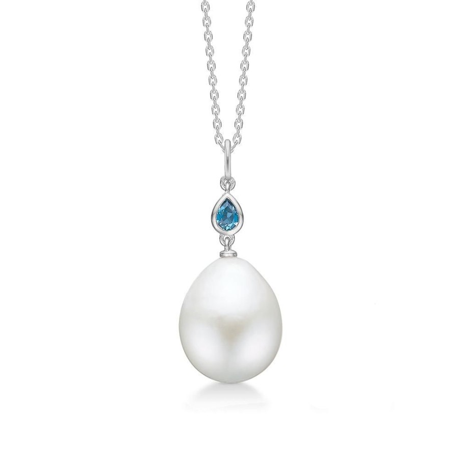 Jewellery Mads Z | Teardrop Silver Necklace W. Pearl And London Blue Topas