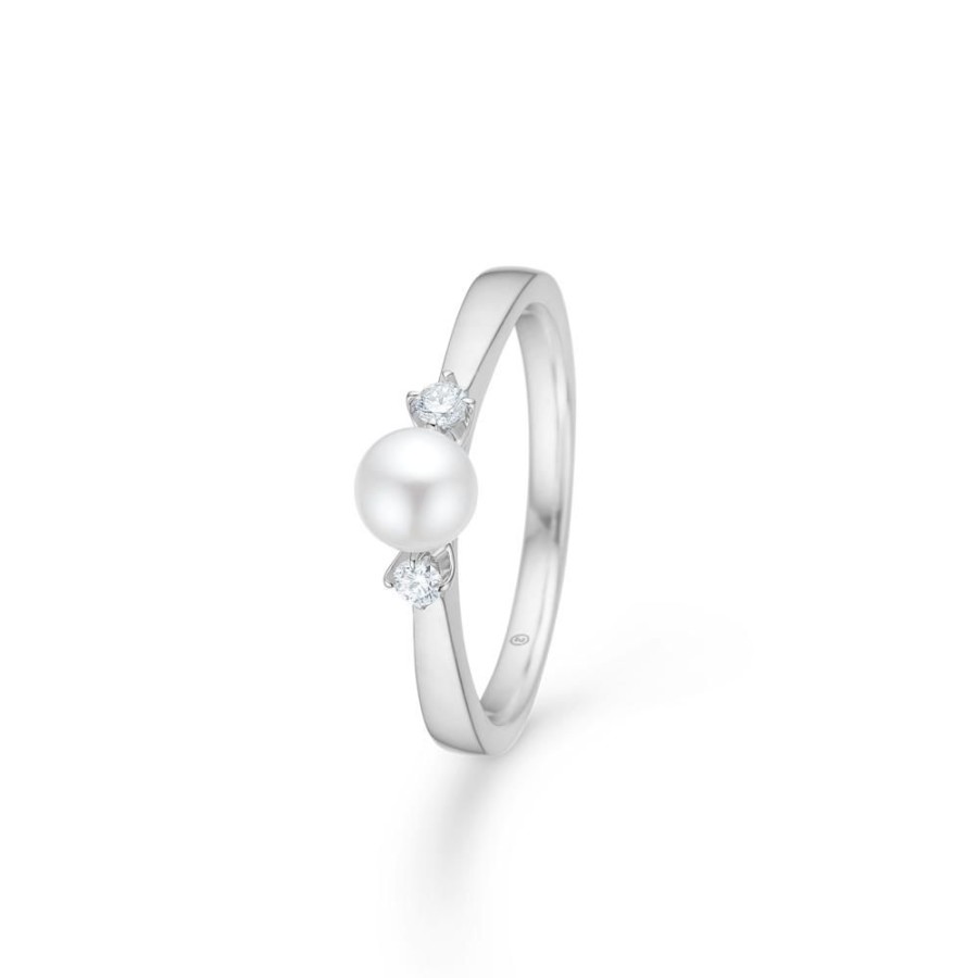 Jewellery Mads Z | Crown Trinity W/Pearl Ring In 14 Ct. White Gold With Diamonds And Cultured Pearl