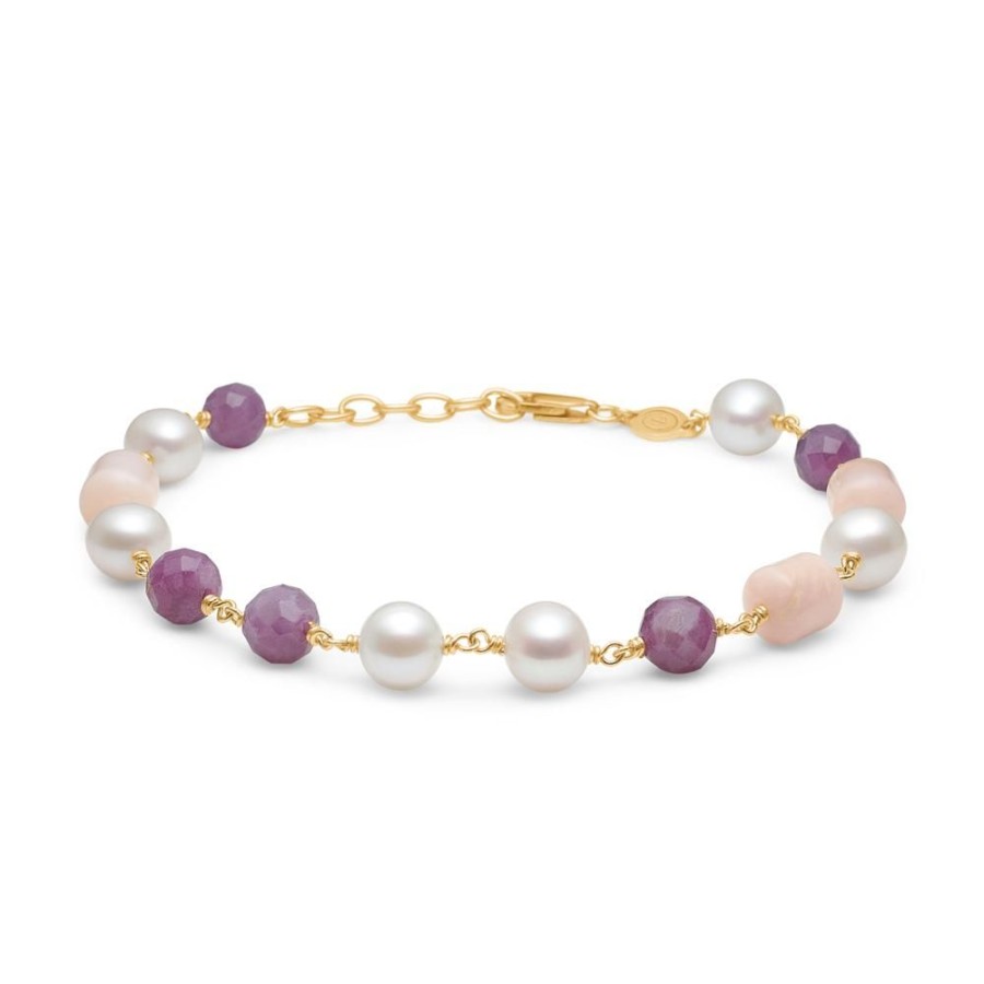 Jewellery Mads Z | Treasure Bracelet In 14 Kt. Gold With Pink Opal, Cultured Pearls And Ruby.