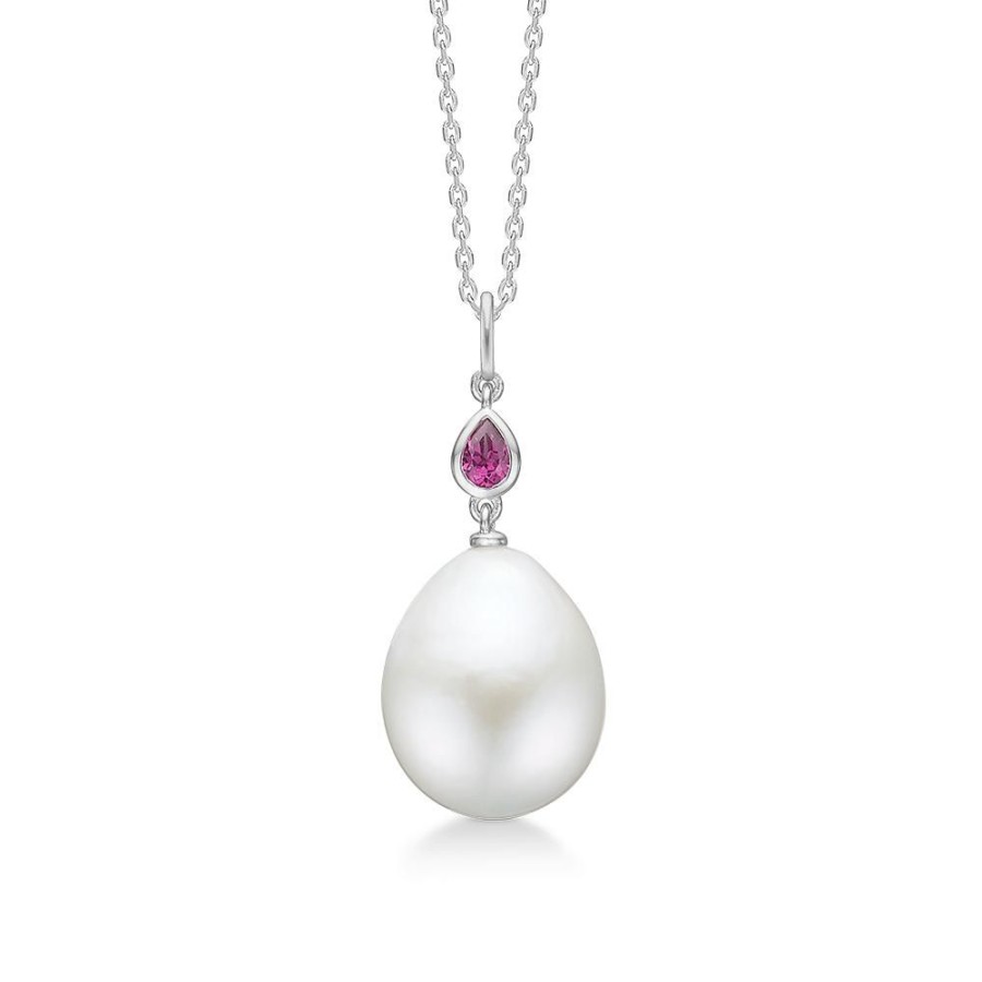 Jewellery Mads Z | Teardrop Silver Necklace W. Pearl And Garnet