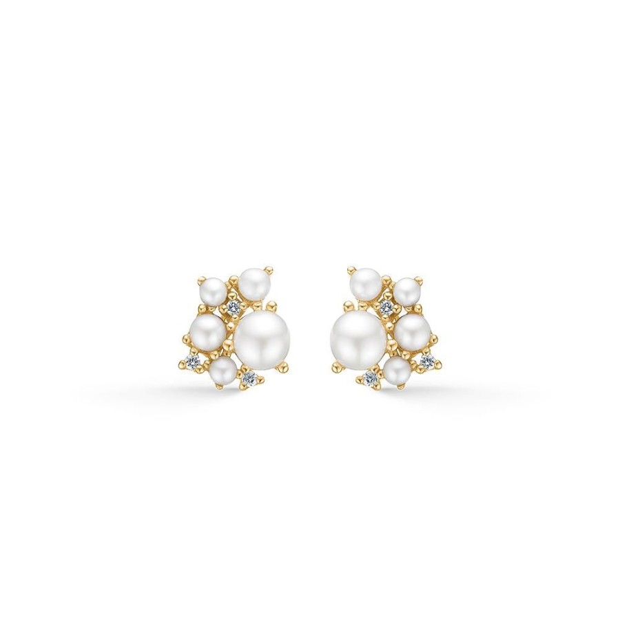 Jewellery Mads Z | Diamond Cloud Earrings In 14 Ct. Gold With Cultured Pearls And Diamonds