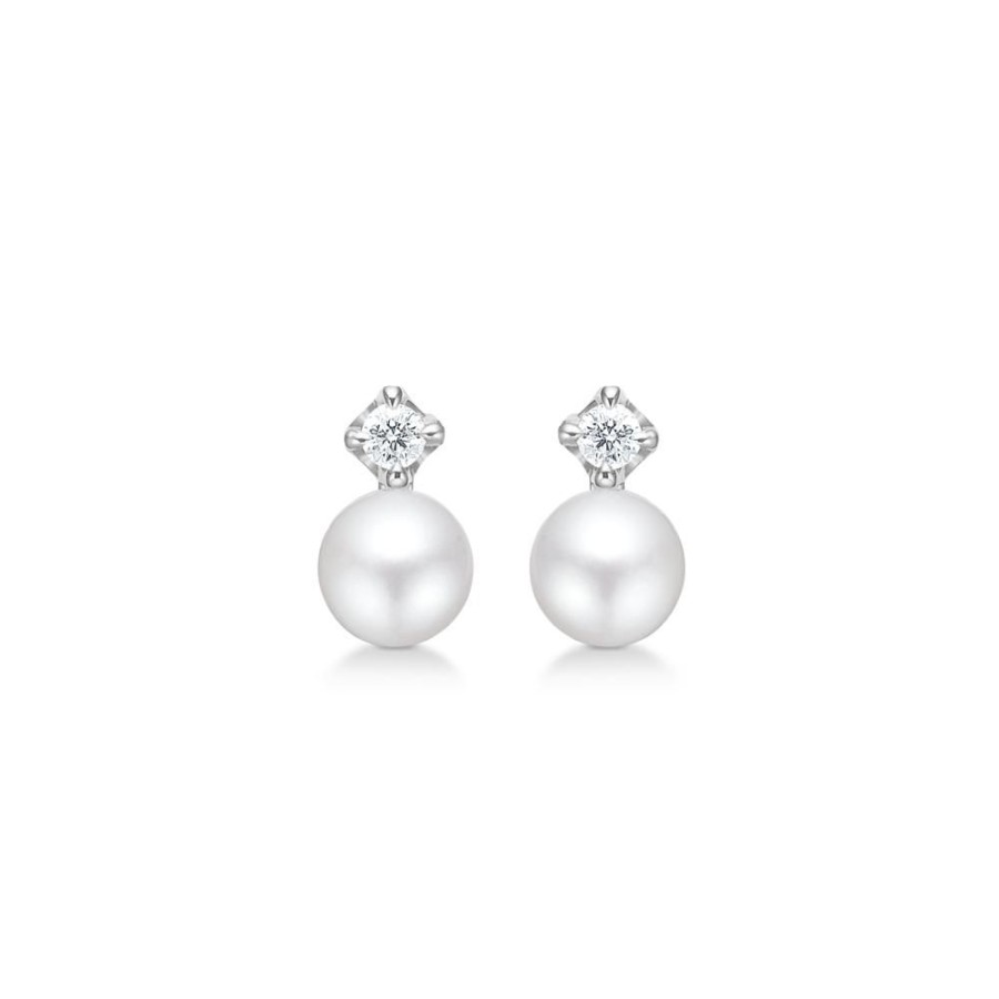 Jewellery Mads Z | Crown Pearl Earrings In 14 Ct. White Gold With Diamonds And Cultured Pearl