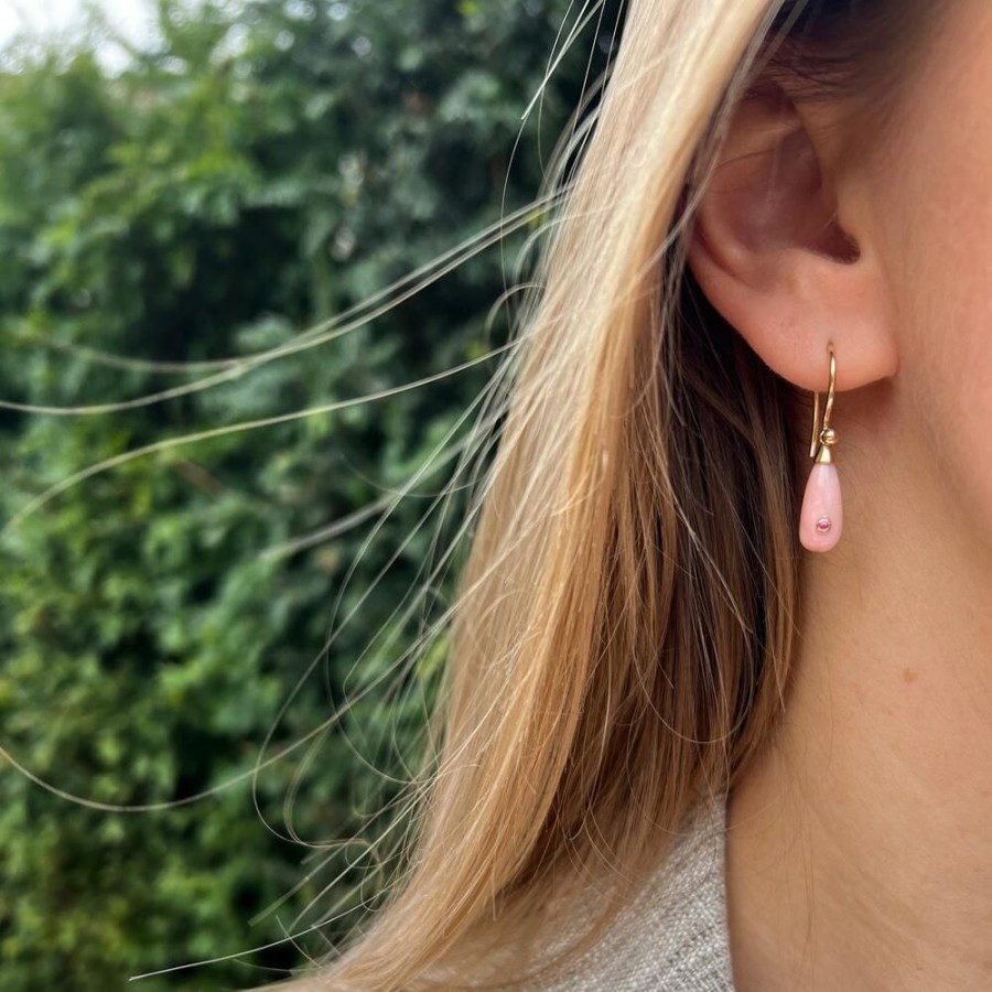 Jewellery Mads Z | Precious Drops Earrings In 14 Ct Gold With Pink Opal And Ruby